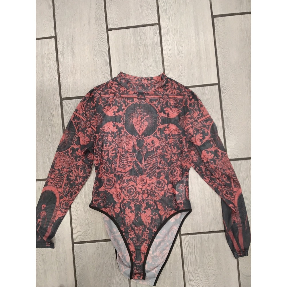 SHEIN Gothic Damask Mesh Bodysuit Red Black Sacred Heart Skeleton Mock Neck 0XL - Picture 6 of 8
